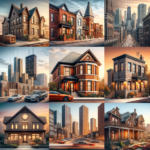Collage of diverse architectural designs featuring Chicago style bricks in various settings across the USA, showcasing traditional homes and modern structures with rustic charm and warm earthy tones.