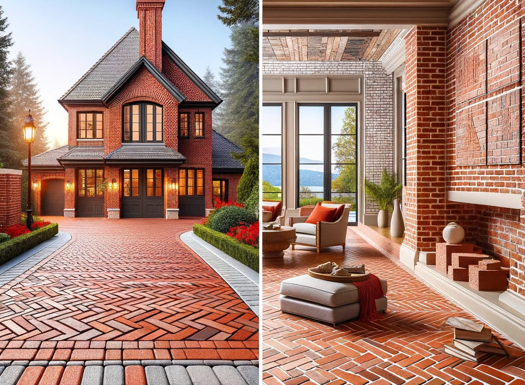 Image showing red Chicago bricks used for a driveway and patio, and thin bricks on an interior wall, highlighting the versatility and aesthetic appeal of these materials in modern architecture.