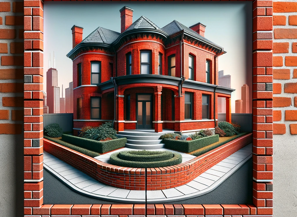 Image of red Chicago style thin brick edging around windows, doors, and on feature walls, showcasing the modern application of traditional bricks.