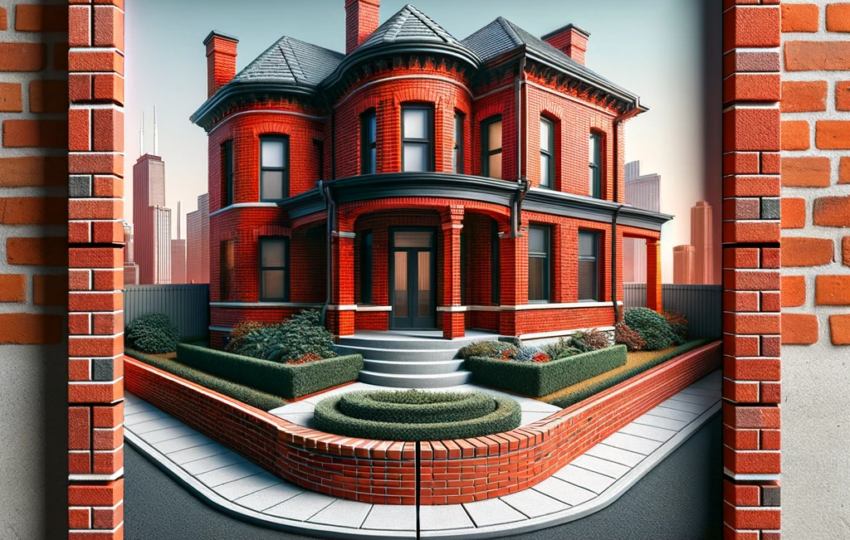 Image of red Chicago style thin brick edging around windows, doors, and on feature walls, showcasing the modern application of traditional bricks.